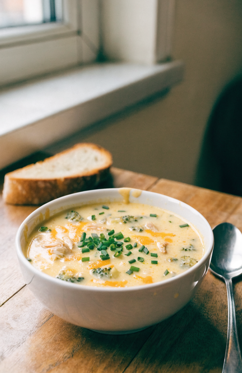 Bowl of broccoli cheddar soup with chicken and herbs