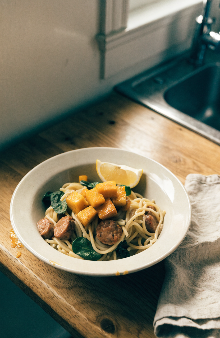 Bowl of butternut squash pasta with sausage and spinach, garnished with grated Parmesan and a lemon wedge