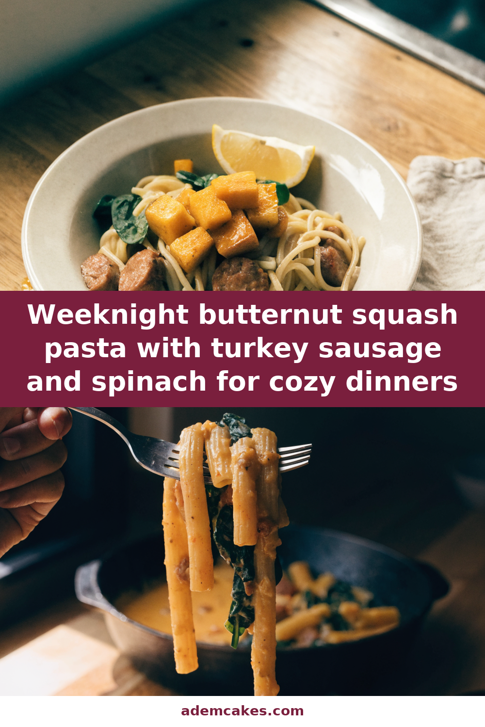 Weeknight butternut squash pasta with turkey sausage and spinach for cozy dinners Pinterest recipe pin