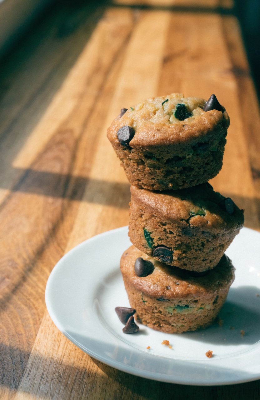 A stack of chocolate chip zucchini muffins on a wooden board with visible flecks of zucchini and chocolate chips