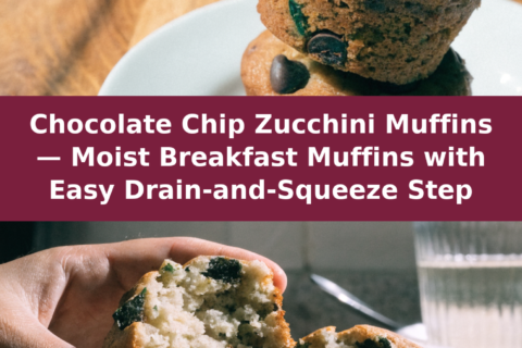 Chocolate Chip Zucchini Muffins — Moist Breakfast Muffins with Easy Drain-and-Squeeze Step Pinterest recipe pin