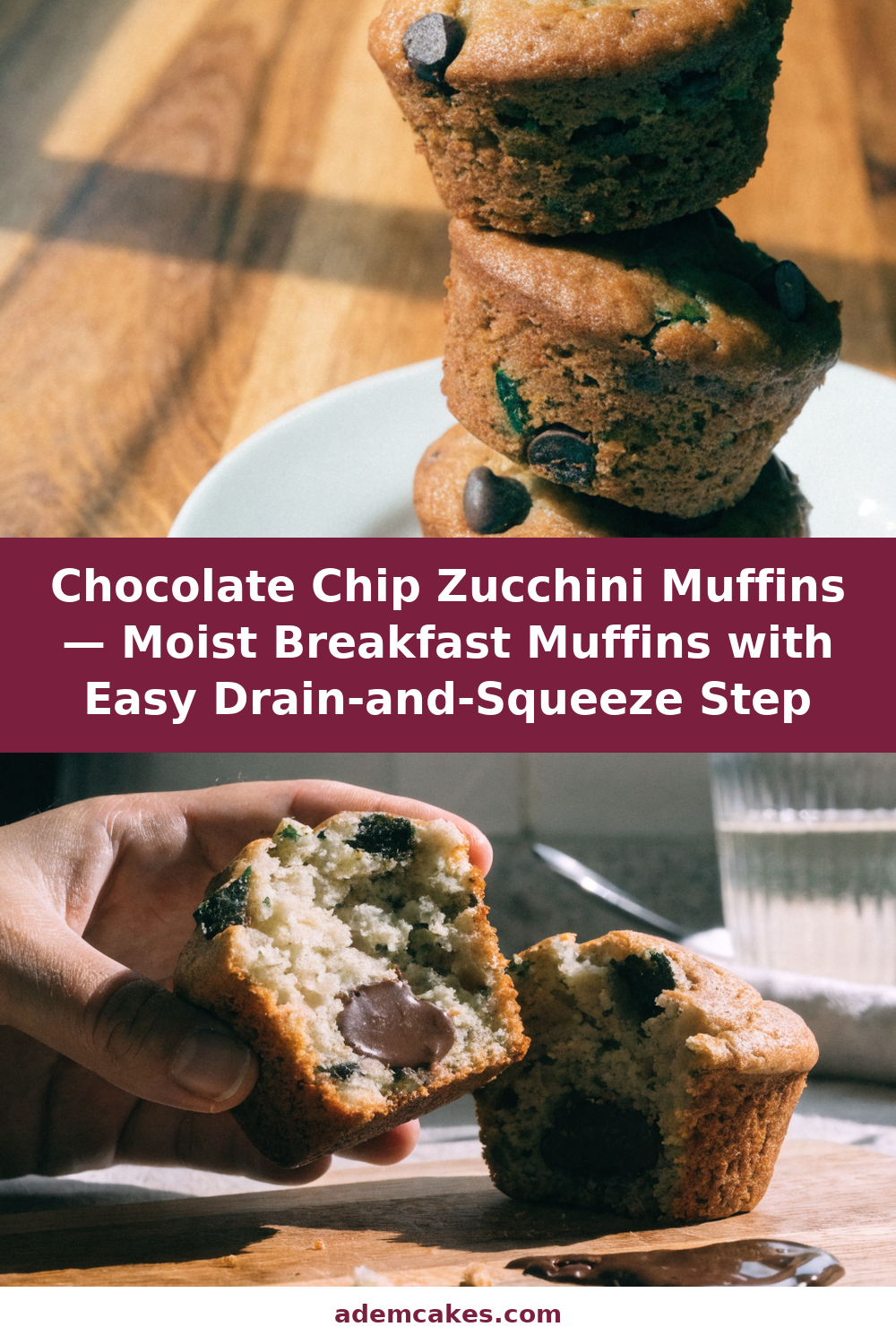 Chocolate Chip Zucchini Muffins — Moist Breakfast Muffins with Easy Drain-and-Squeeze Step Pinterest recipe pin