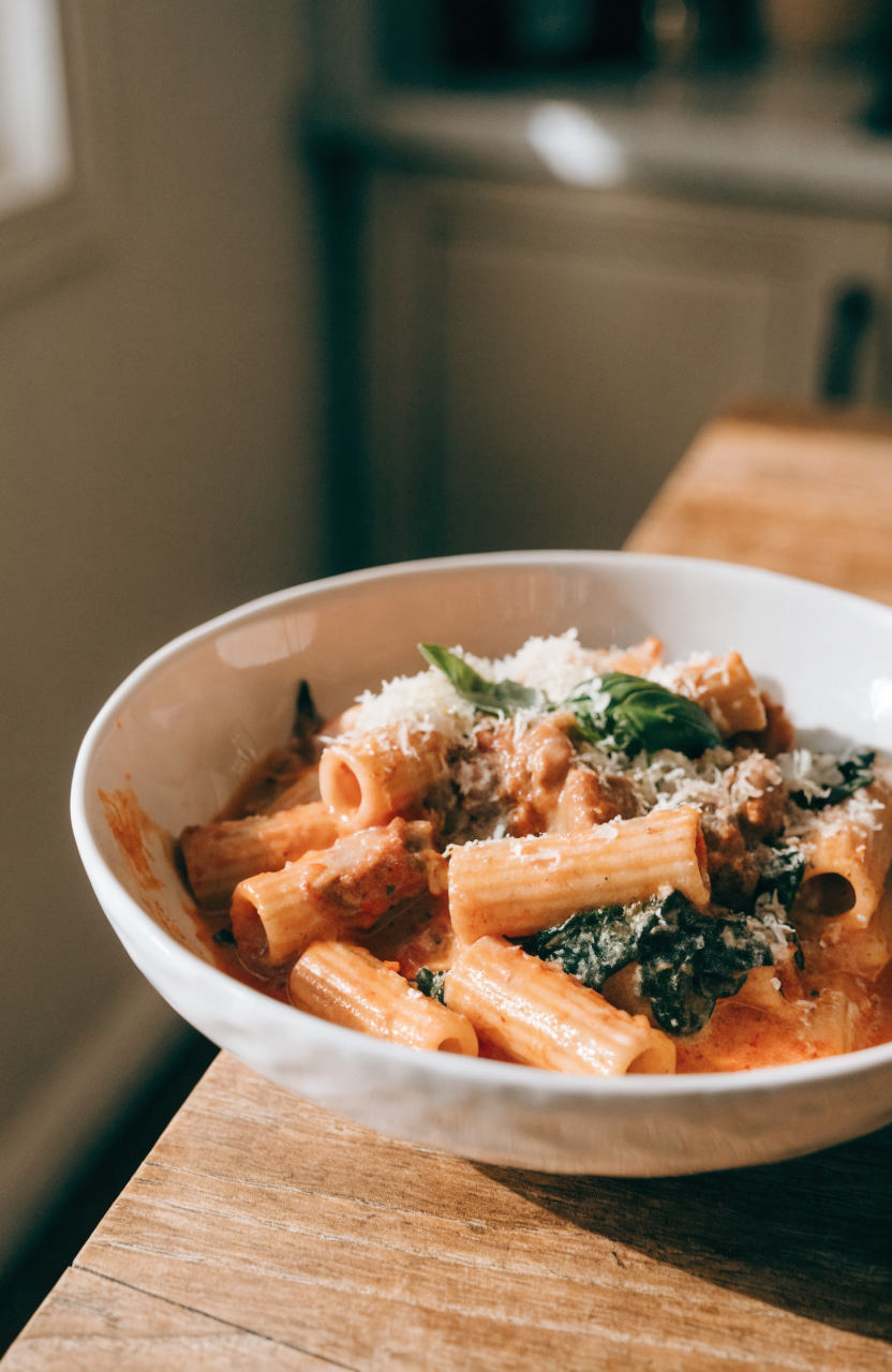 Creamy sausage rigatoni with spinach and tomato cream sauce on a white plate
