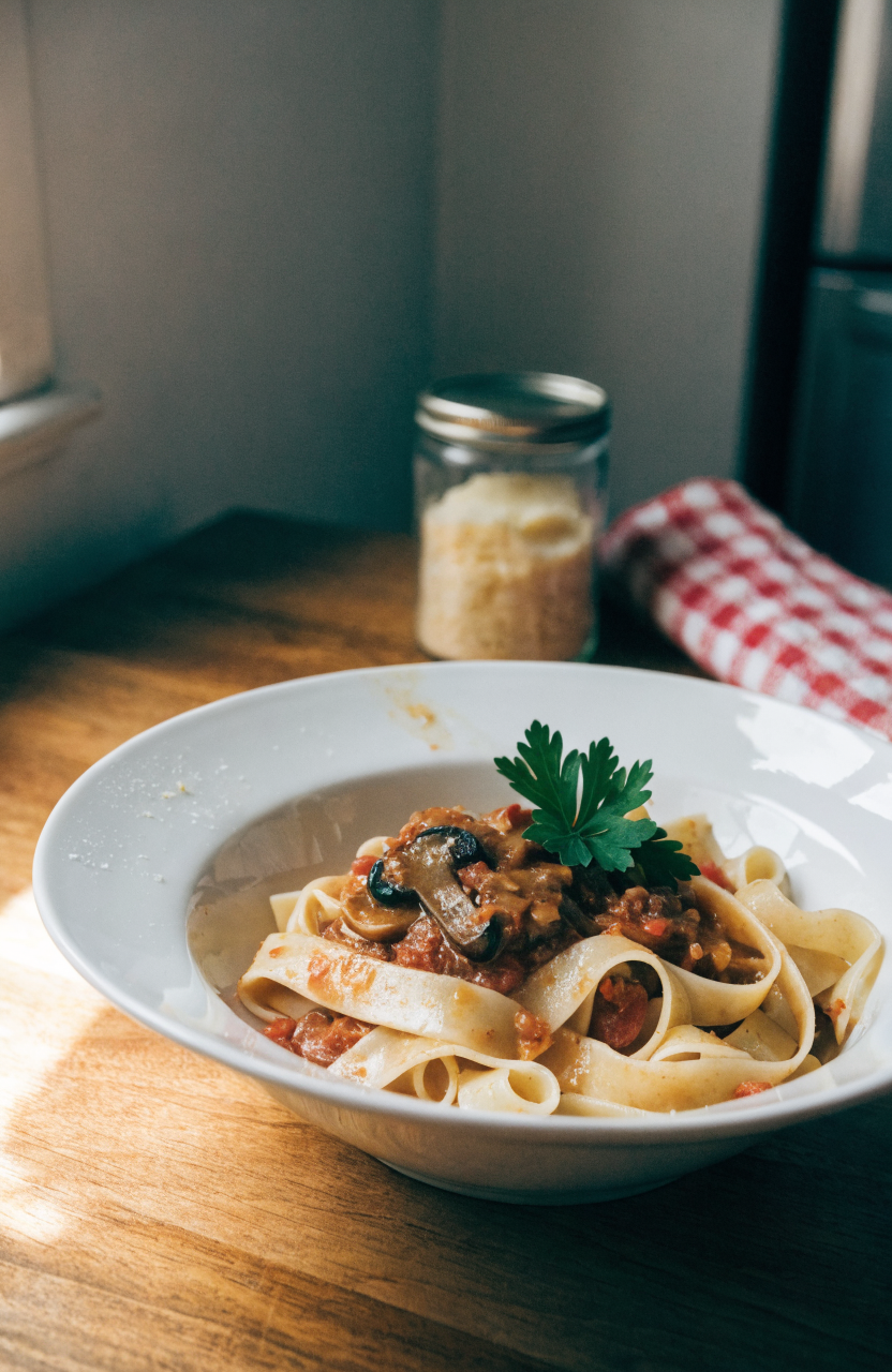 Mushroom ragu spooned over tagliatelle with parsley garnish