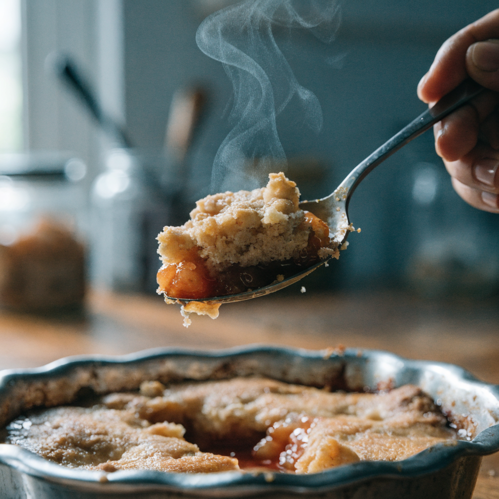 Close-up of easy peach cobbler with canned peaches