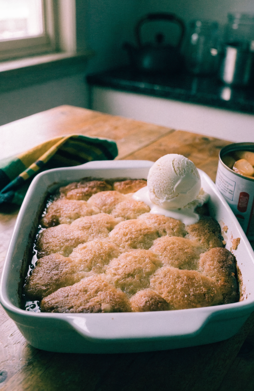 Warm peach cobbler with canned peaches in a white baking dish garnished with a scoop of vanilla ice cream and cinnamon, peach cobbler canned peaches