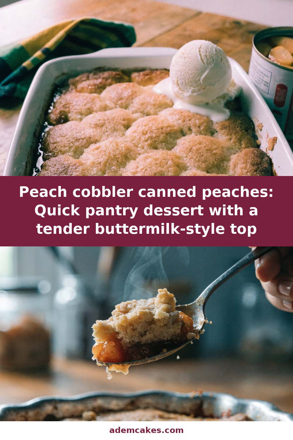 Peach cobbler canned peaches: Quick pantry dessert with a tender buttermilk-style top Pinterest recipe pin
