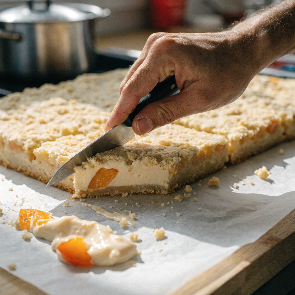 Close-up of peaches and cream crumble bars