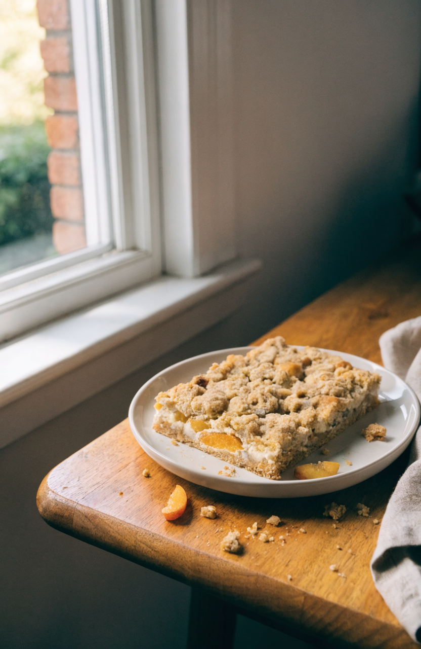 Square peaches and cream crumble bars on a white plate with visible peach pieces and crumb topping