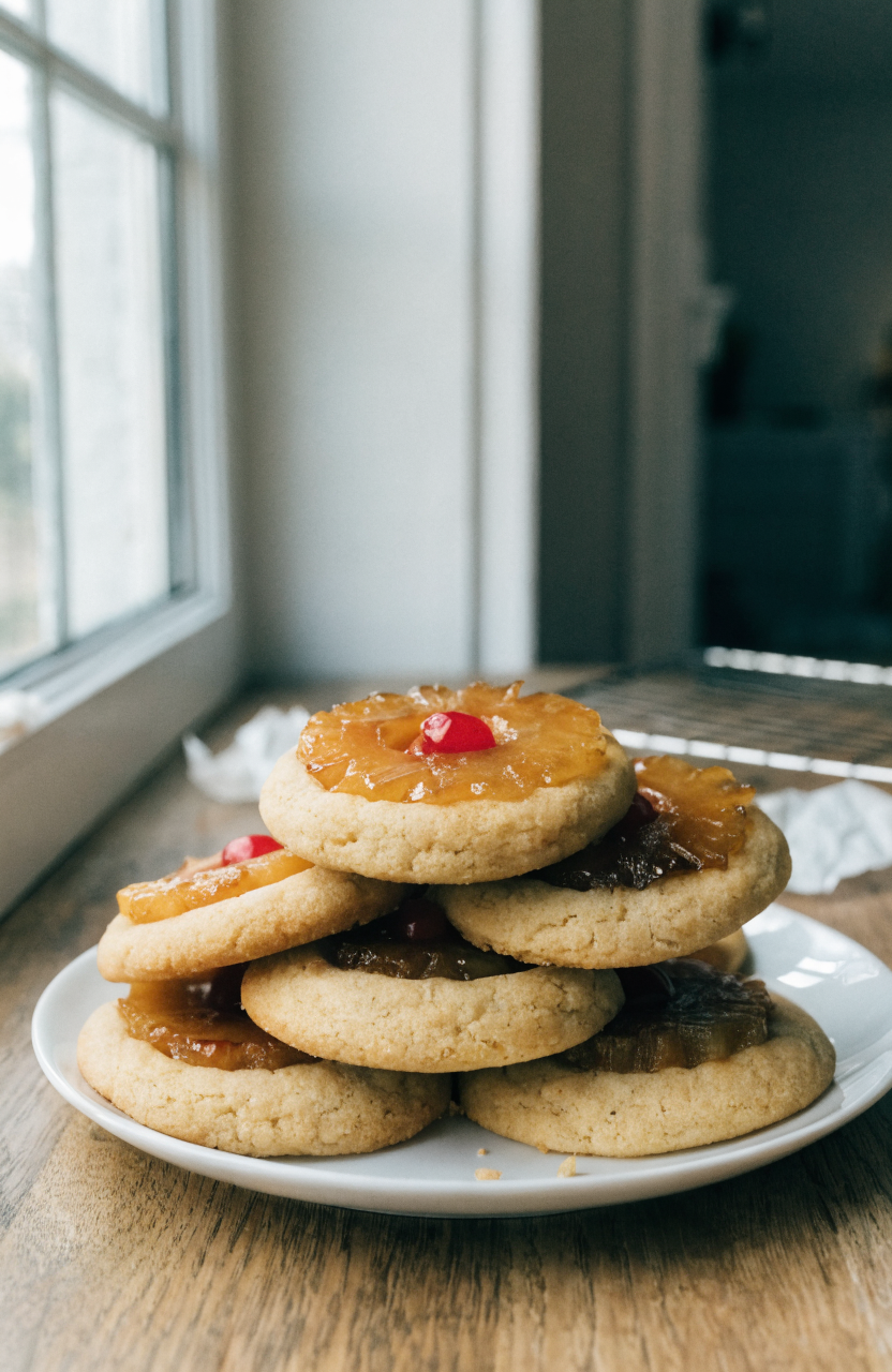 A stack of pineapple upside down sugar cookies with caramelized pineapple rings and cherries on a white plate