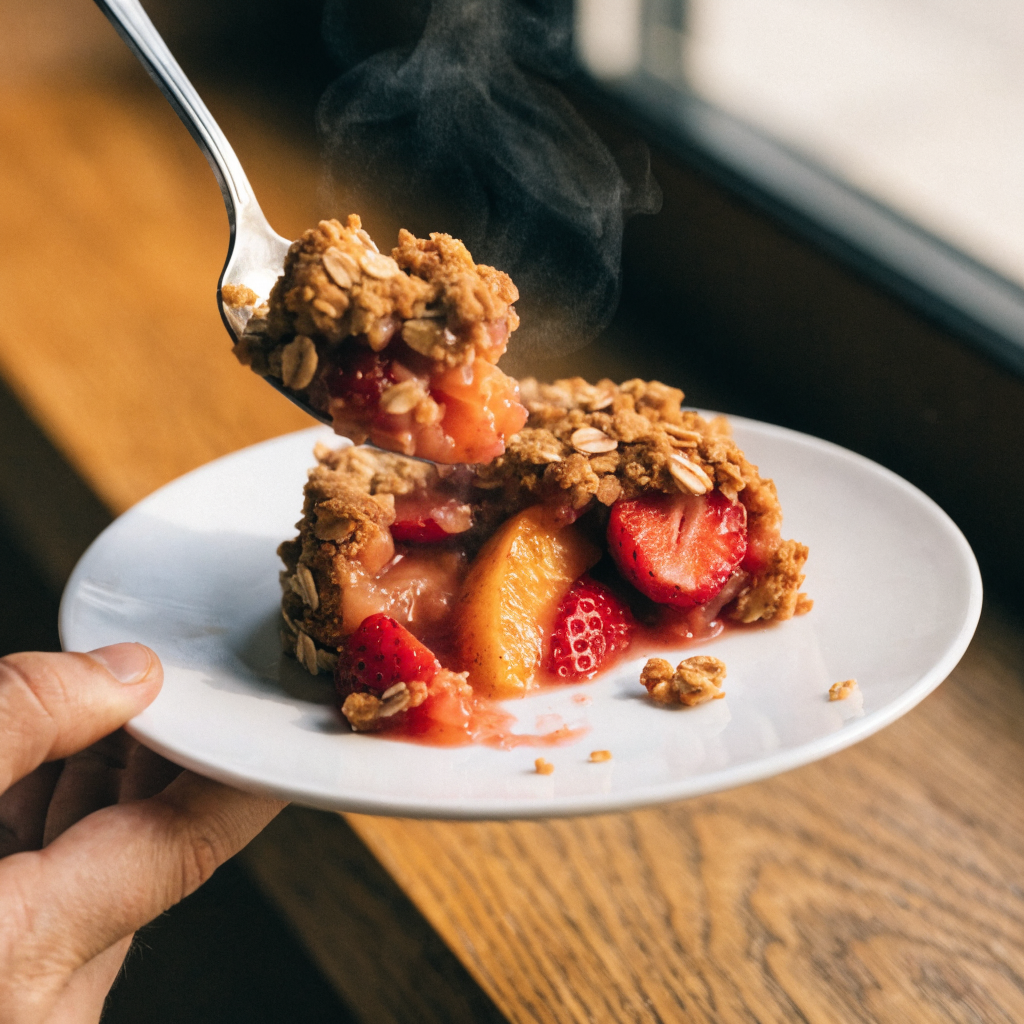 Close-up of strawberry peach crisp with oat crumble