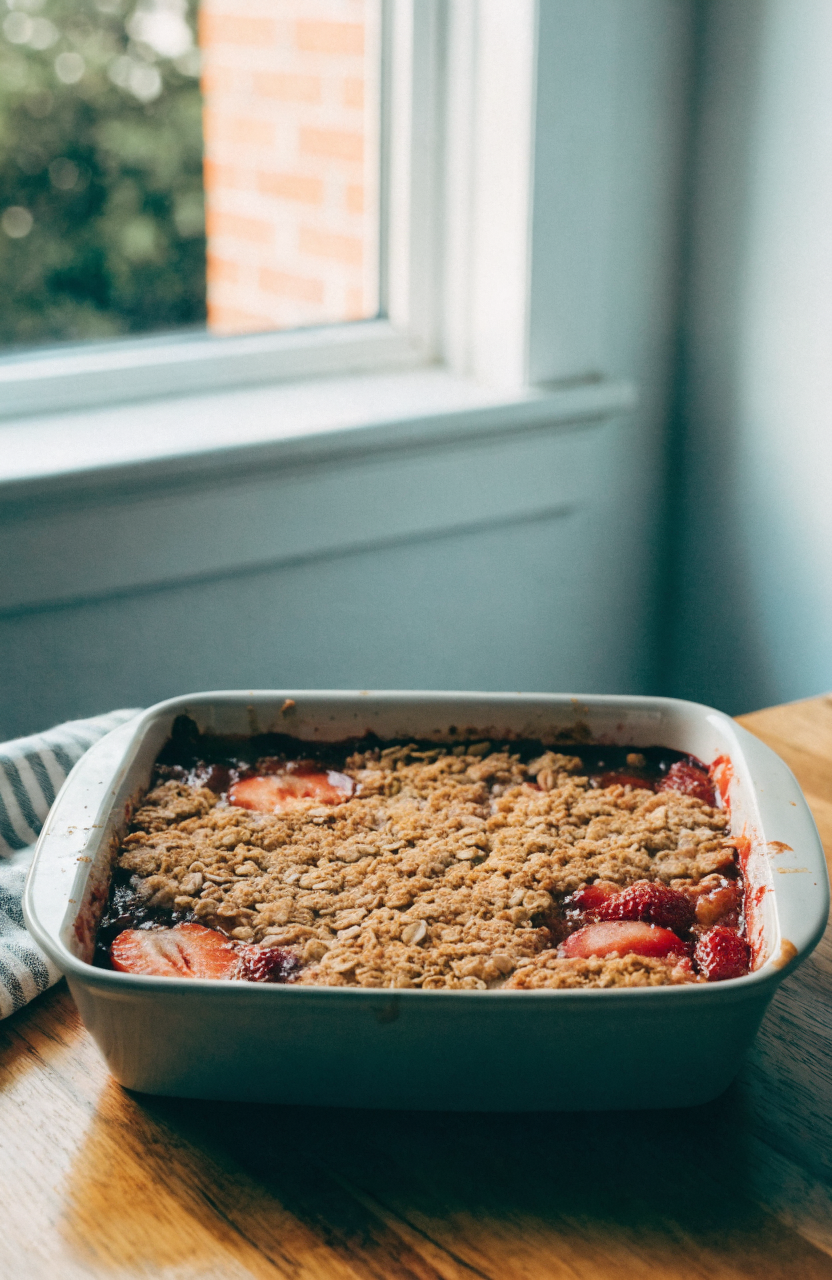 Strawberry peach crisp in a square baking dish with a golden oat crumble topping, strawberry pieces and peach slices visible,