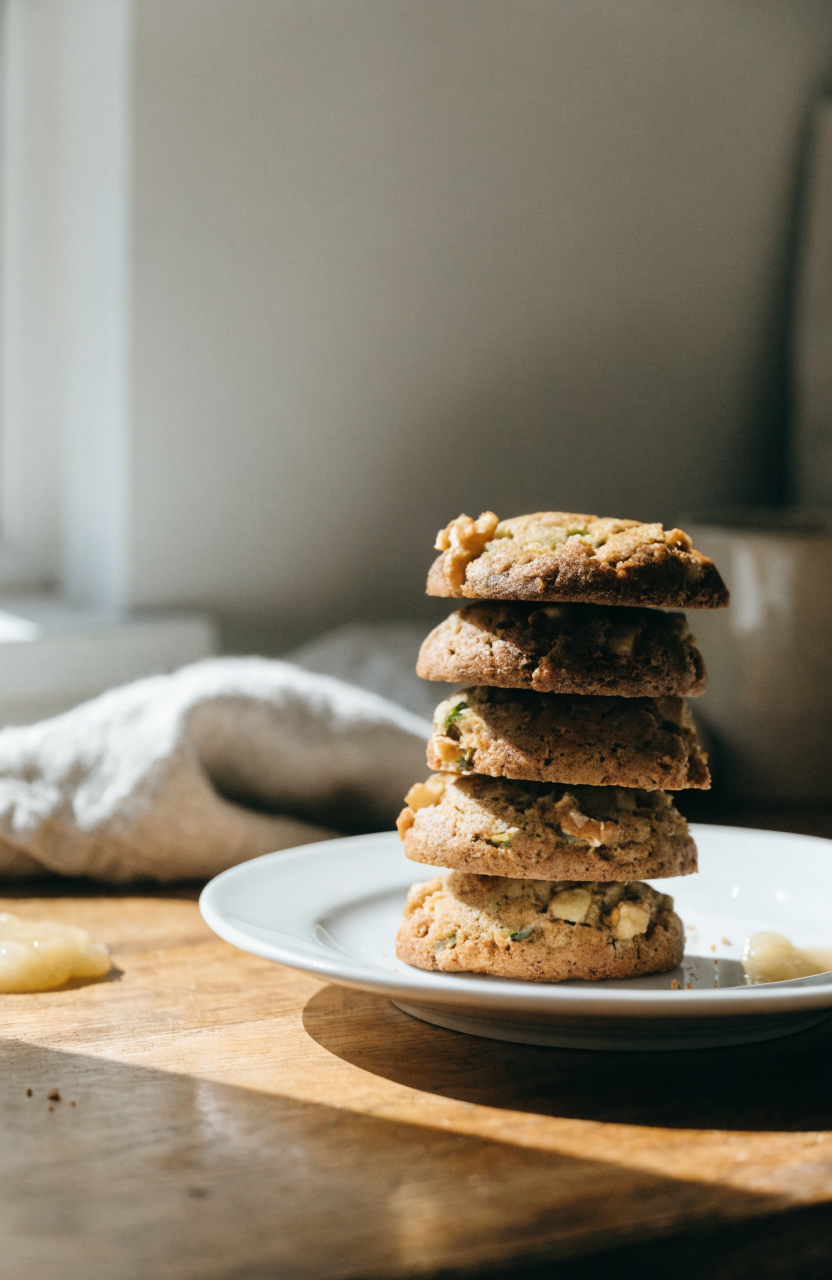 Stack of zucchini bread breakfast cookies on a white plate with a sprig of fresh mint