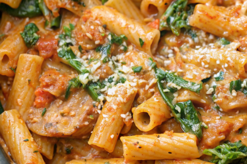Creamy Sausage Rigatoni with Spinach, Garlic, and Tomato Cream Sauce – A One-Pan, 30-Minute Dinner